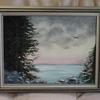 3186 " Winter Sunrise on Lakeshore with Pines" 18 x 24 oil on canvas $350.00 framed