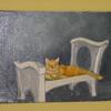 This is a painting of a cat at rest, on a favorite piece of furniture. The image is a glaring due to a flash picture of the painting, ( I did this befor learning how to avoid this glare, it's an older work)