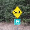 A somewhat ironic signpost, showing that the road is used by both horse and buggy, and atv's.
