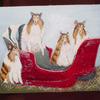 Here are four rescue collies, pictured in Santa's sleigh. The real dogs were way too active for this, but two at a time were convinced to pose for a picture, and they were painted together, in the sleigh, so they all could be included, (their owner wanted all four inside). 
