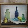 3189 "Blue and Green Bottles with Pear" 16 x 20 oil on canvas $$250.00 framed